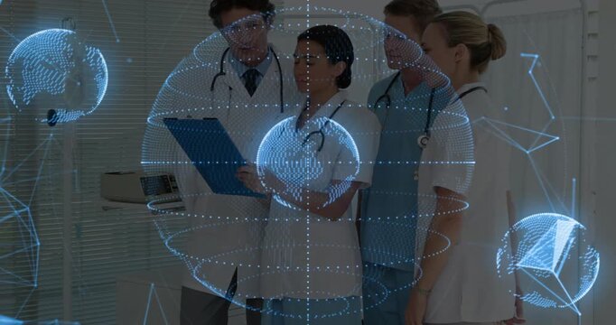 Nurse holding blue clipboard initiating hologram sphere spinning while medical team reviewing data