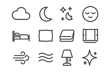 Dreamy Night Icons. Dreamy Nights. Line icon set of Dreamy Nights: cloud, crescent moon, stars, sleeping face, bed, pillow, blanket, open window, breeze lines,