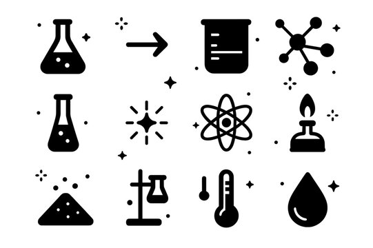 Catalyst Icon Set. Catalyst. Solid icons set of Catalyst: chemical flask, reaction arrow, beaker, molecule, test tube, spark, atom, Bunsen burner, catalyst