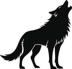 Black silhouette of a howling wolf with rugged fur detail, standing on all fours, symbolizing wilderness and nocturnal nature themes