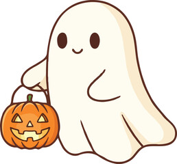 a cute ghost holding a pumpkin lantern