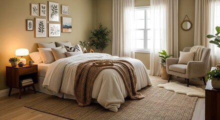 A cozy bedroom, featuring a neutral color palette and warm lighting, boasts a comfortable bed, a stylish armchair, and a gallery wall of framed artwork.