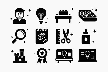 Naklejka premium LEGO Creativity Icons. LEGO Creativity Workshop. Solid icons set of LEGO Creativity Workshop: instructor figure, lightbulb icon, build table, tray of bricks,