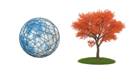 Digital geometric sphere with cloudy sky texture and vibrant autumn tree