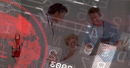 Rotating red globe overlay unveiling ward, doctor tapping reassuring and nurse noting chart - Powered by Adobe