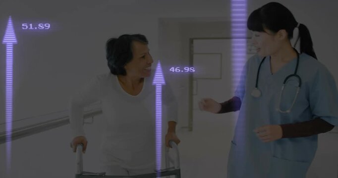 Senior woman gripping walker and walking rehab hall while nurse placing hand, purple arrows rising