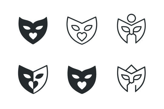 Diverse Logo Concepts. Brand storytelling. Set Logo of Brand storytelling: Brand archetype emblem (hero / caregiver mask). harmonious logo variations of the