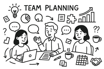 Doodle Team Planning. Team Planning. Hand-drawn doodle illustration Team Planning people discussing, laptop, notebook, pen, charts, graphs, coffee cup, speech