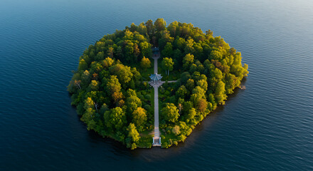 Lush green island with gazebo surrounded by deep blue water