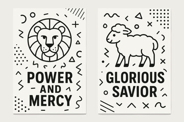 Lion and Lamb Banners. Lion and Lamb. Two vertical A6 banners with safe margins, centered composition, no elements touching edges, memphis, black and white,