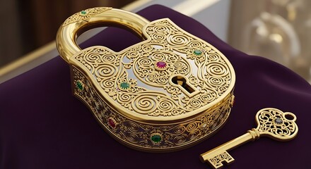 Ornate gold lock with intricate carvings and precious stones sits atop a deep purple surface.