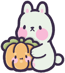 Bunny sitting and holding a pumpkin