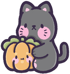 Cat sitting and holding a pumpkin