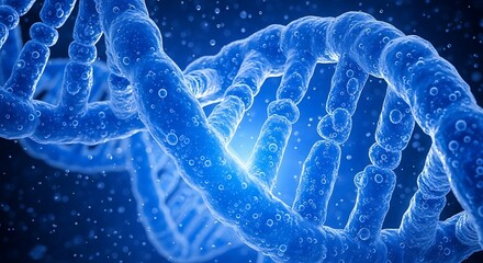 A detailed close-up view of a vibrant, stylized representation of a DNA double helix, showcasing intricate molecular structures with luminous blue tones and bubbles.