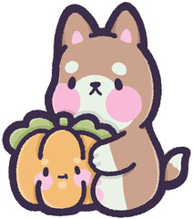 Dog sitting and holding a pumpkin