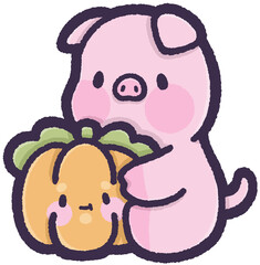 Pig sitting and holding a pumpkin