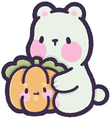 Polar bear sitting and holding a pumpkin