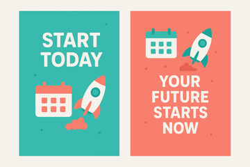 Modern Inspirational Banners. Start today. Two vertical A6 banners with safe margins, centered composition, no elements touching edges, modern, turquoise and