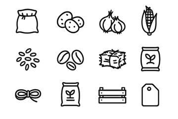 Produce Storage Icons. Produce storage. Line icon set of produce storage: burlap sack, potatoes, onions, corn, wheat grains, coffee beans, hay, seed bag, tied