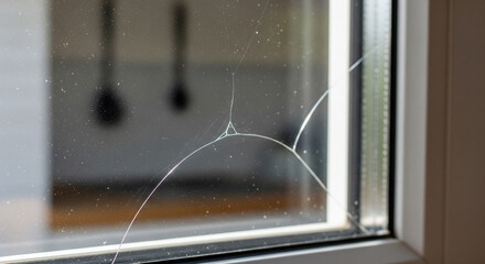 Impact Point Star Fracture on a Double-Pane Window.
A close-up, sharp-focus image capturing a distinctive star-shaped crack pattern on a windowpane