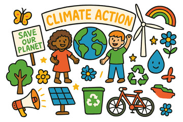 Children's Climate Action. climate action. Colorful Hand-drawn doodle Children illustration climate action earth, protest signs, tree, solar panel, wind