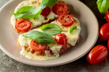 Hot open sandwiches with mozzarella, tomatoes and basil.