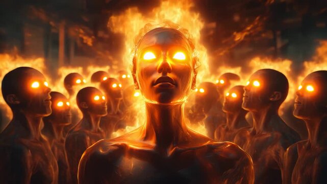 Futuristic AI Beings with Glowing Fiery Eyes, Molten Futuristic Humans in Fiery Glow