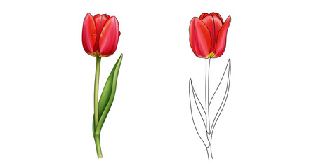 Red tulip illustration and outline on white background