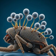 Detailed close-up view of an insect covered in microscopic fungi, showcasing intricate textures and vibrant colors.