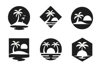 Geometric Beach Logos. Island. Set Logo of Beach Scene: Filled silhouette, Abstract geometric, Negative space, Flat solid, Symmetrical form, Stylized detail.