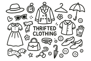 Thrift Fashion Icons. Thrifted Clothing. Hand-drawn doodle illustration Thrifted Clothing dress, coat, hat, shoes, scarf, blouse, handbag, gloves, belt,