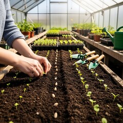 Hands carefully planting seeds in neat rows, creating a thriving garden in a greenhouse setting.