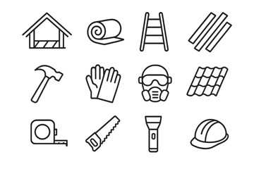 Fototapeta premium DIY Insulation Icons. DIY insulation. Line icon set of DIY insulation: attic space, insulation roll, ladder, wooden beams, hammer, safety gloves, protective