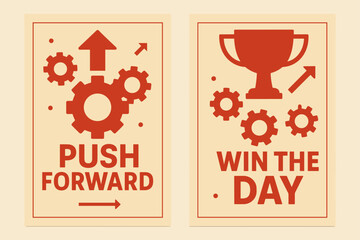 Naklejka premium Motivational Banners. Push forward. Two vertical A6 banners with safe margins, centered composition, no elements touching edges, flat vector design, red and