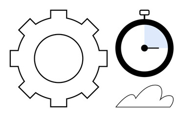 Gear mechanism, stopwatch with partial highlight, and minimalistic cloud evoke themes of productivity and technology. Ideal for time management, teamwork, efficiency, planning, industry, innovation