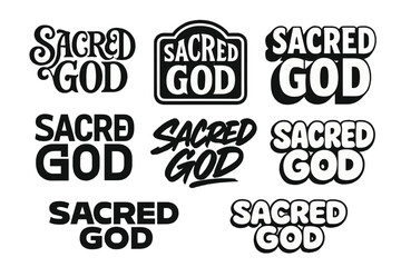 Fototapeta premium Diverse Lettering Styles. Sacred God. Set lettering. harmonious lettering variations of the same emblematic concept (Whimsical curly type with flourishes,