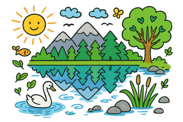 Obraz premium Colorful Nature Reflection. Calm water reflection. Colorful Hand-drawn doodle Children illustration Calm water reflection mountains, forest, river mirror,