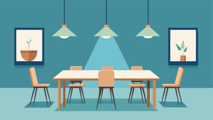 A dining area with a long wooden table surrounded by lightcolored chairs and a pendant lamp overhead.