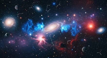 A breathtaking cosmic panorama showcasing vibrant galaxies, nebulae, and stars in a vast expanse of space.