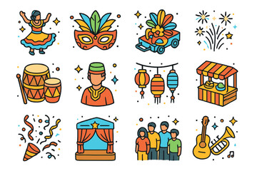 Colorful Festive Celebration Icons. Festive celebration. Colorful isometric vector icons set of festive celebration: traditional dance, festival mask, parade
