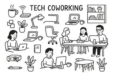 Tech Coworking Doodle. Tech Coworking. Hand-drawn doodle illustration Tech Coworking laptops, desks, chairs, coffee cups, monitors, people working, office