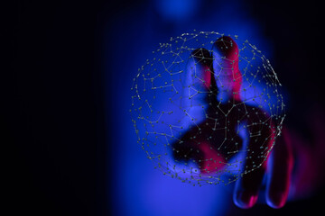 Abstract photo of a hand reaching out to a 3D network sphere, symbolizing connection, technology,...