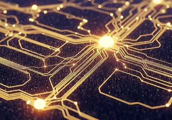 Intricate golden circuit board design displays complex network connections against a dark background.