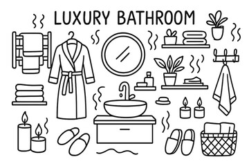Luxury Bathroom Doodles. Luxury Bathroom. Hand-drawn doodle illustration Luxury Bathroom heated towels, towel warmer, bathrobe, slippers, mirror, faucet, sink,