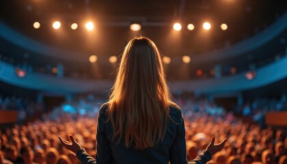Female speaker addresses large audience in modern auditorium. Woman stands on stage with hands open, presenting to many people. Public speaking event delivers motivational talk business seminar.
