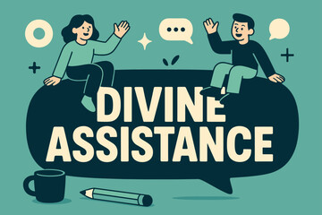 Naklejka premium Divine Assistance Banner. Divine Assistance banner, flat vector illustration, bold oversized text inside rounded blob banner, cartoon characters sitting and