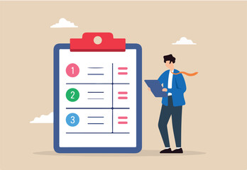 Flat illustration of project manager businessman organizing task by priority on clipboard work management planner