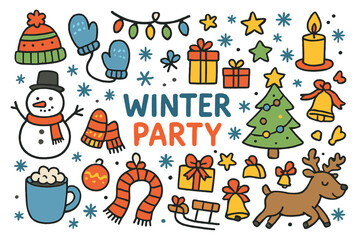 Fototapeta premium Winter Party Doodle. winter party. Colorful Hand-drawn doodle Children illustration winter party snowman, Christmas tree, gifts, candle, snowflakes, mittens,