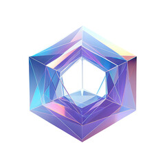 Geometric crystal rendering with complex facets, iridescent colors, black background