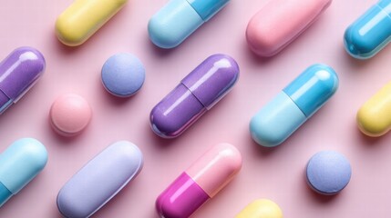 Colorful pills and capsules on a pastel pink background